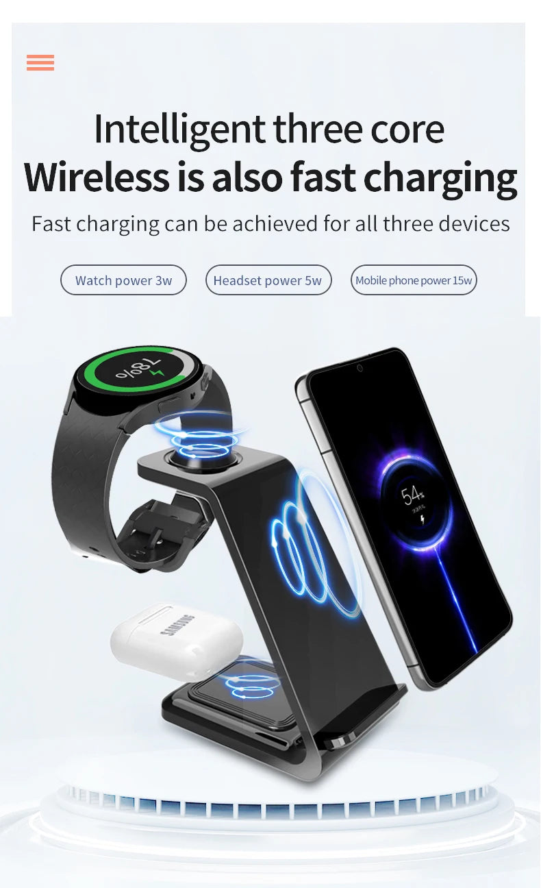 3 in 1 Wireless Charger Stand For Samsung Phones, Galaxy Watch and Buds.